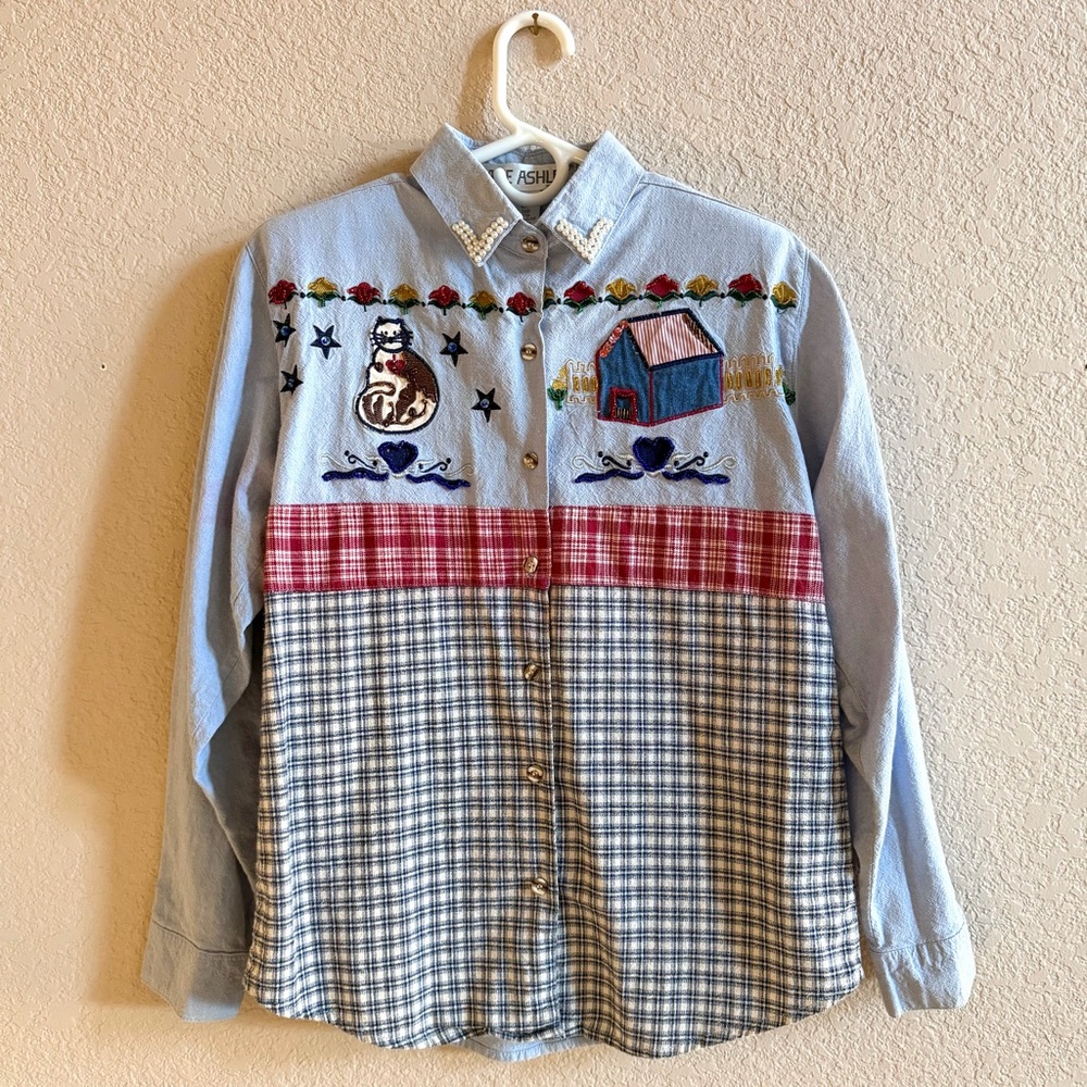 VTG Jane Ashley Petite BEADED CAT LADY SHIRT Rhinestones Size PM Twee Blue Check
